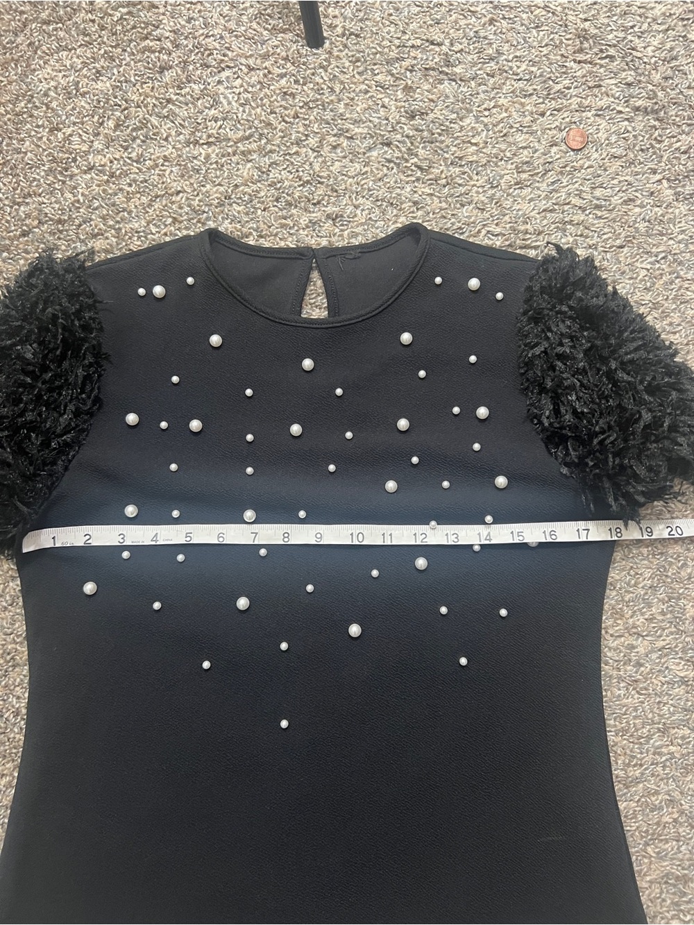 Black whimsy goth Pearl-Embellished Puff Sleeve Top - Picture 5 of 7